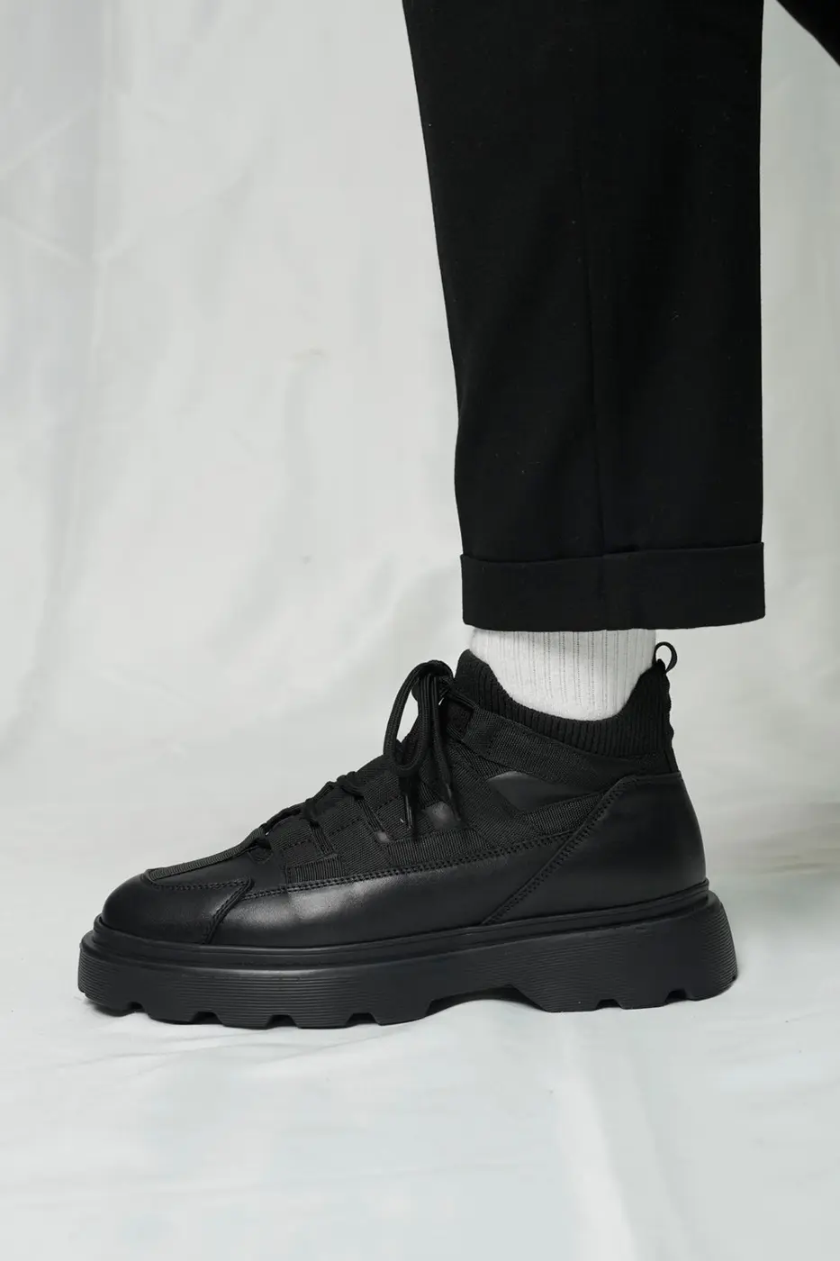 Black Leather LaceUp Sneakers — photograph 5
