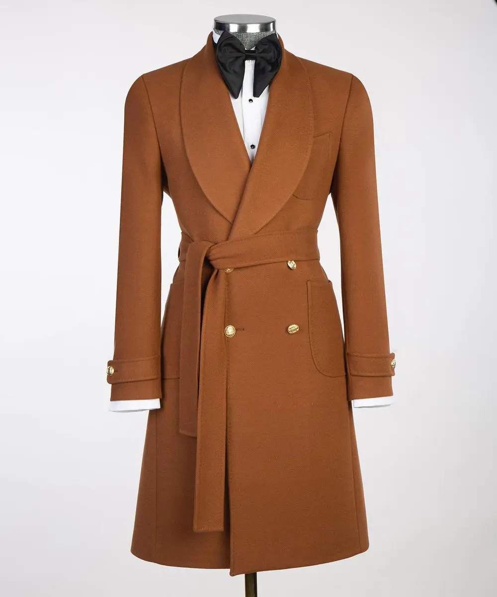 Camel Double Breasted Men’s Long Coat — photograph 1