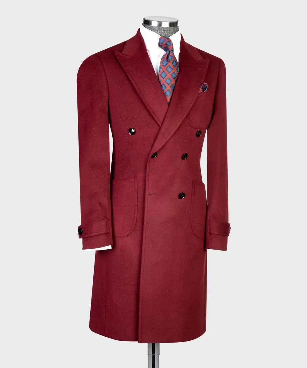 Burgundy Double Breasted Men’s Long Coat — photograph 3
