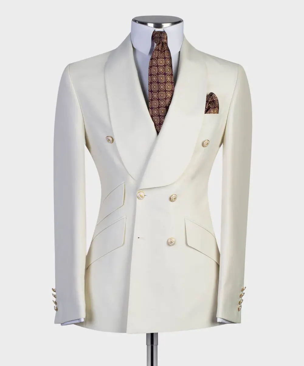 Men's 2 Piece Double Breasted Beige Tuxedo Suit — photograph 1