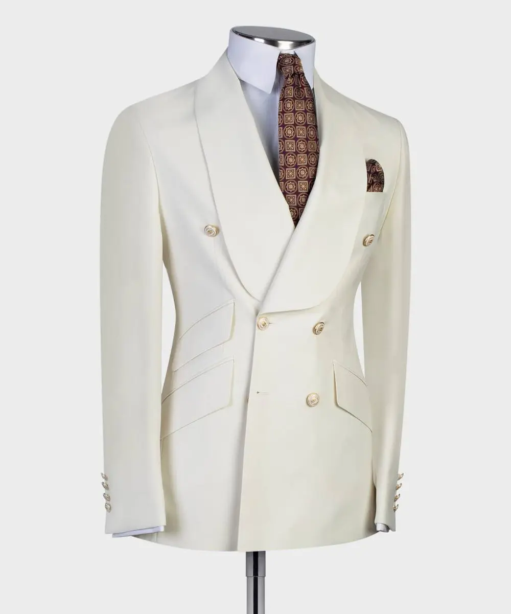 Men's 2 Piece Double Breasted Beige Tuxedo Suit — photograph 3