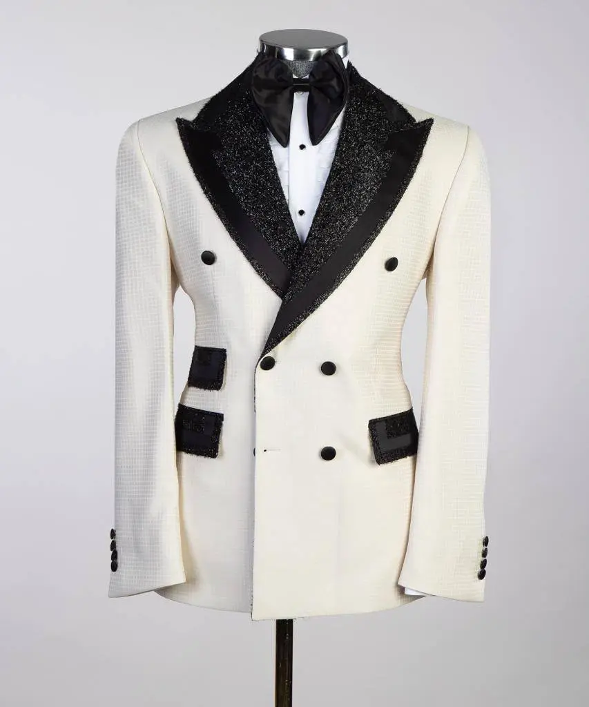 Men's Cream White Tuxedo 2 Piece, Black Collar — photograph 1