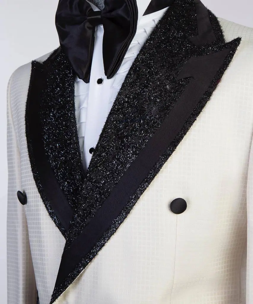Men's Cream White Tuxedo 2 Piece, Black Collar — photograph 2