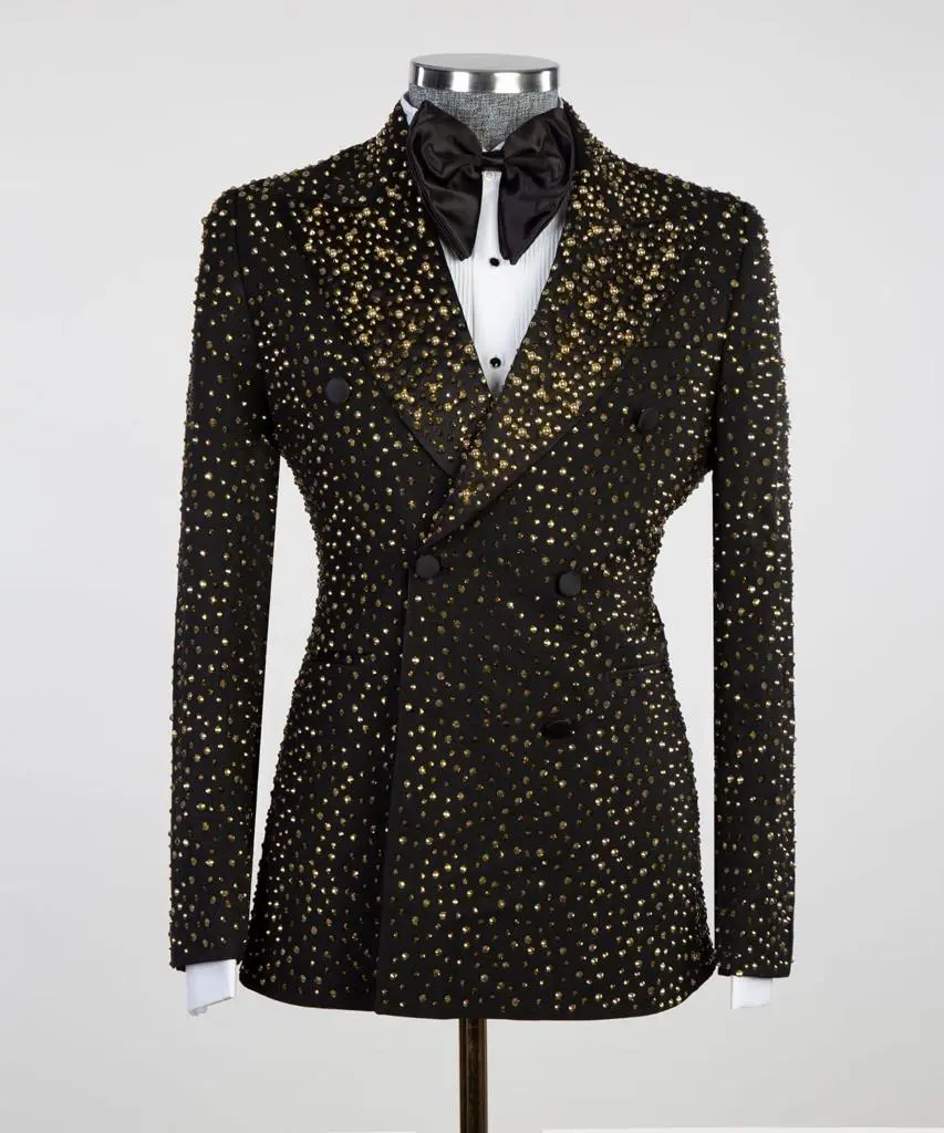 Men's 2 Piece Double Breasted Black Tuxedo Golden Stoned — photograph 1