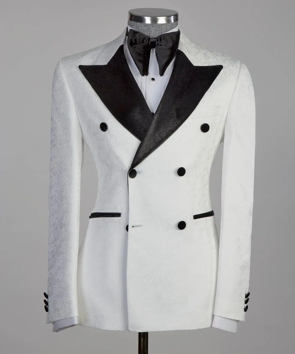 Double Breasted White Tuxedo with Black Collar — photograph 1