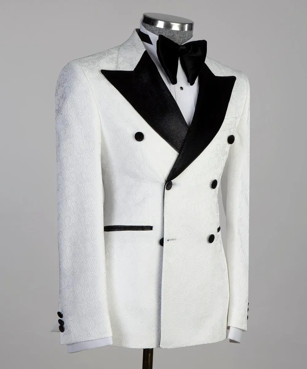 Double Breasted White Tuxedo with Black Collar — photograph 3