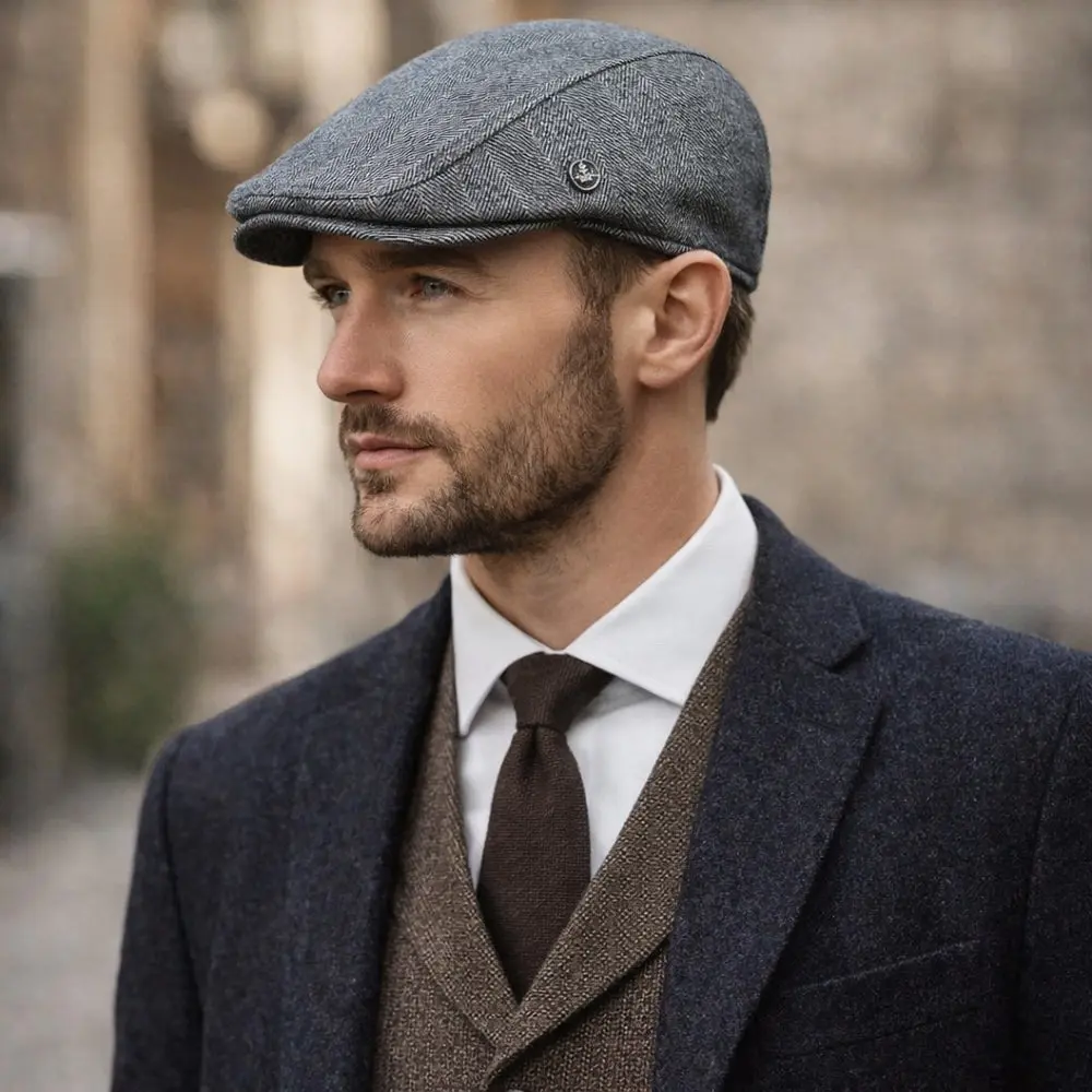 Men’s Grey Textured Flat Cap – Peaky Blinders Style — photograph 2