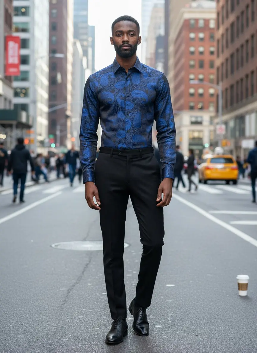 Men’s Patterned Dress Shirt Blue — photograph 1