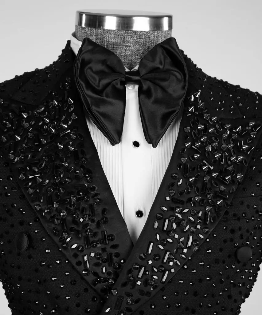 Men's 2 Piece Double Breasted Black Tuxedo, Suit,Stoned — photograph 2
