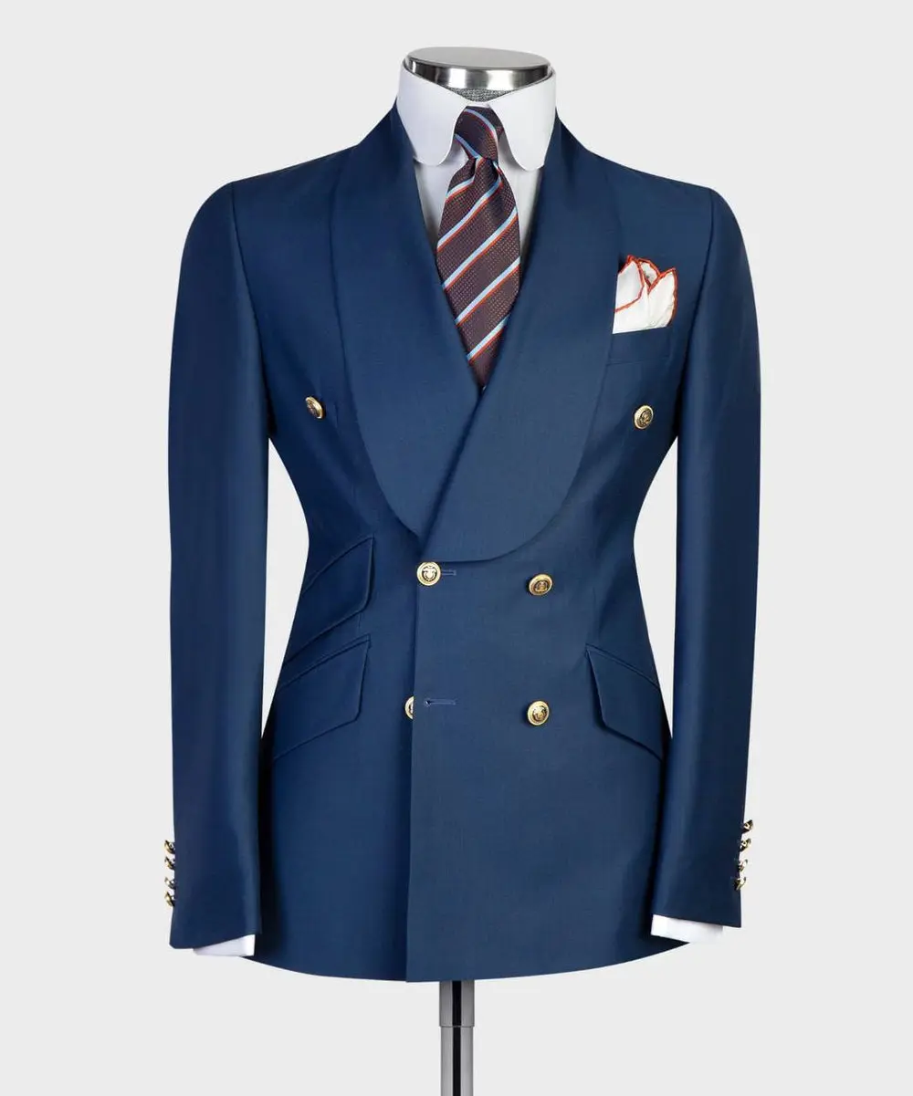 Men's 2 Piece Double Breasted  Blue Tuxedo Suit, Shawl Lapel — photograph 1