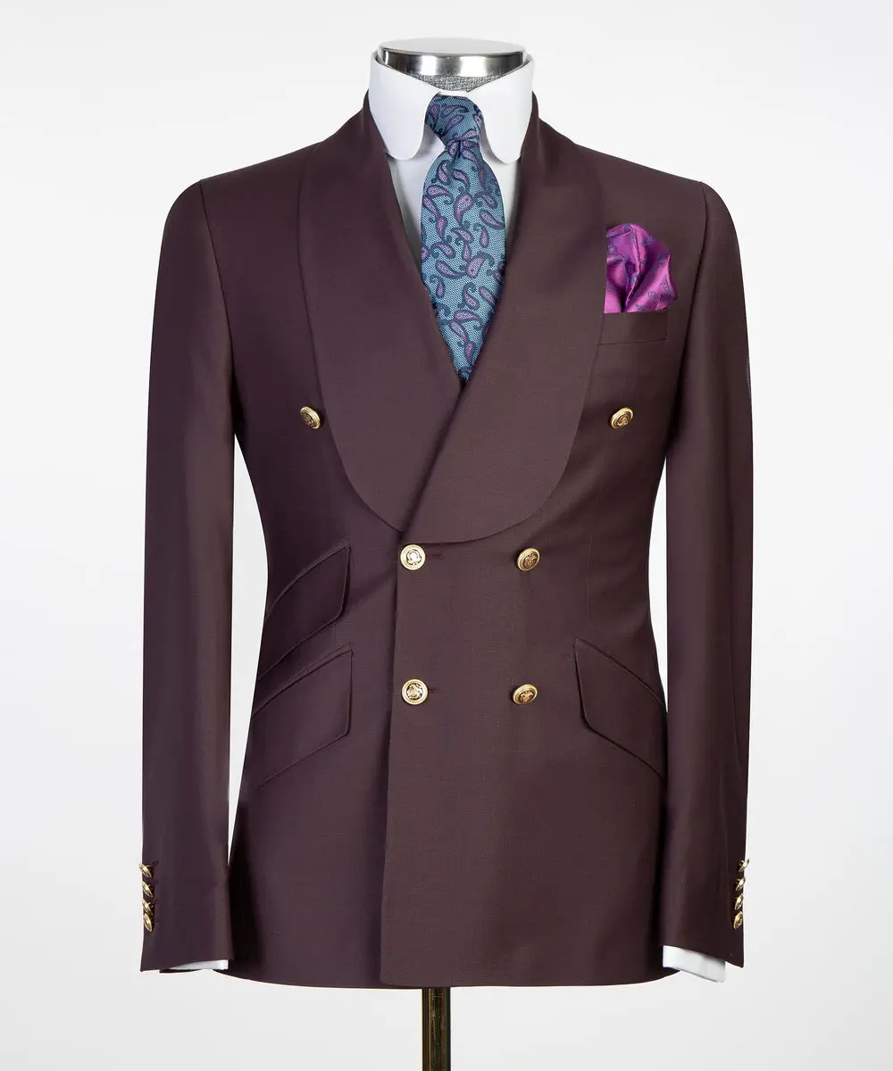 Men's 2 Piece Double Breasted Purple Brown Tuxedo Suit Shawl Lapel — photograph 1