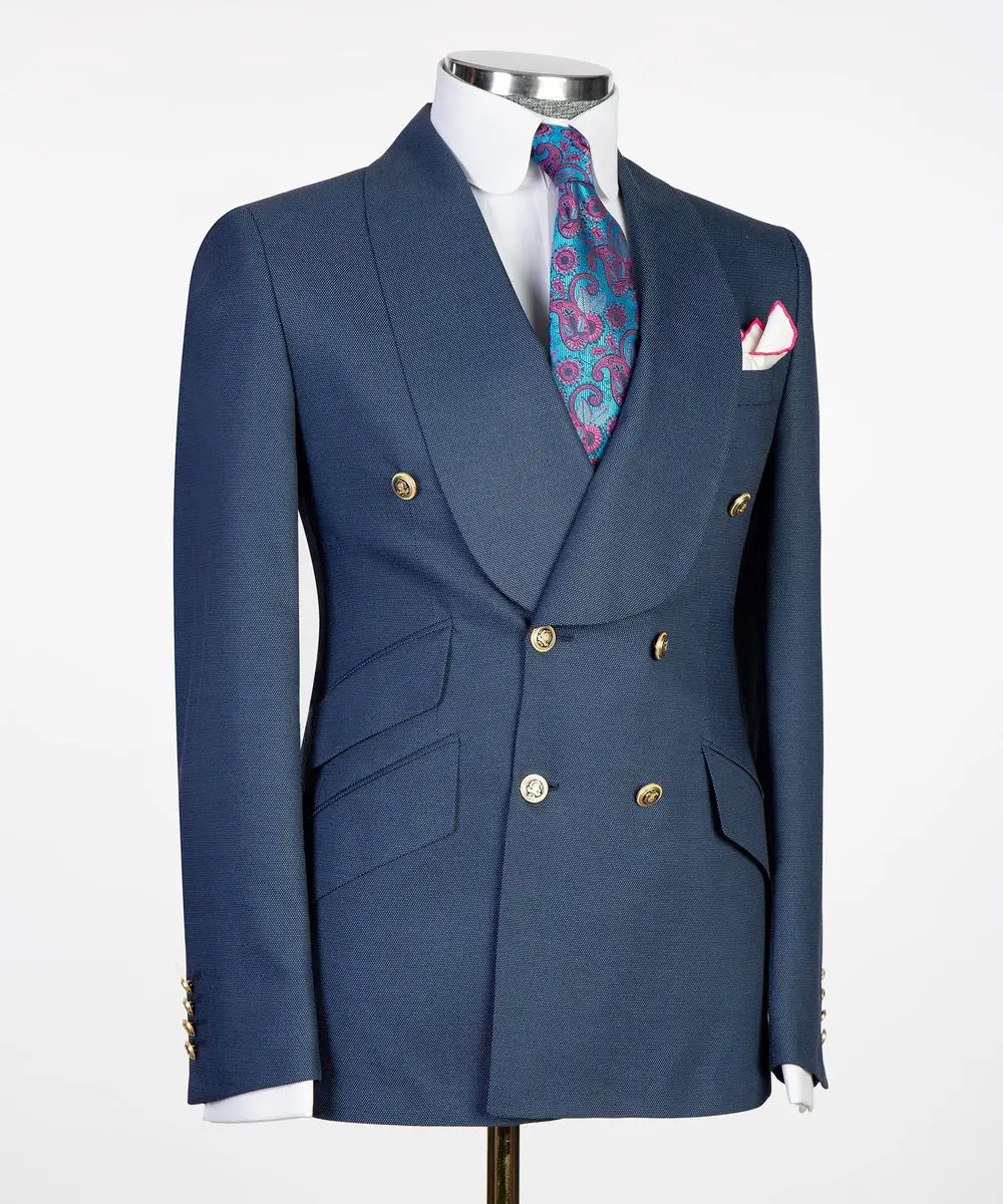 Men's 2 Piece Double Breasted Grey Blue Tuxedo Suit Shawl Lapel — photograph 2