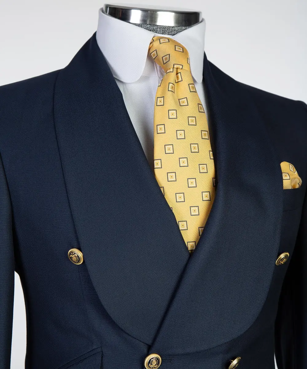Men's 2 Piece Double Breasted Navy Tuxedo Suit Shawl Lapel — photograph 2