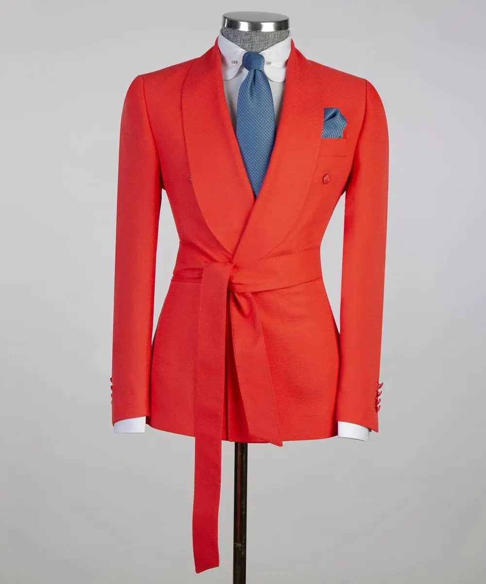 Men's 2 Piece Suit, Bright Orange, Belted Design, Costume — photograph 1