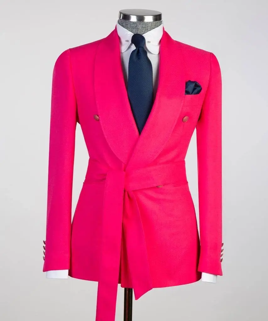 Men's 2 Piece Suit, Coral, Fuchsia, Belted Design, Costume — photograph 1