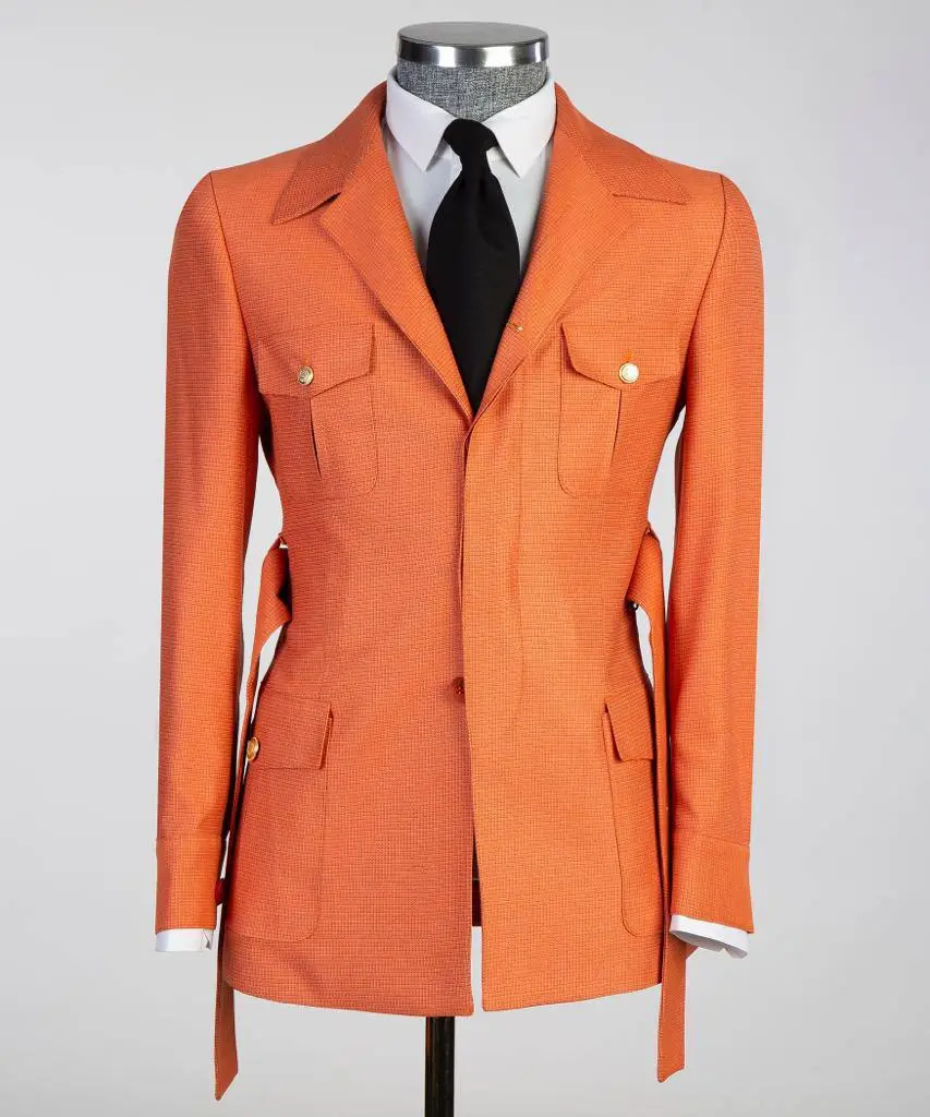 Men's 2 Piece Suit, Orange, Belted Design, Costume, Blazer with Pockets — photograph 1