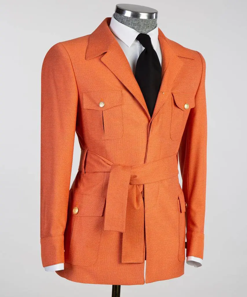 Men's 2 Piece Suit, Orange, Belted Design, Costume, Blazer with Pockets — photograph 2