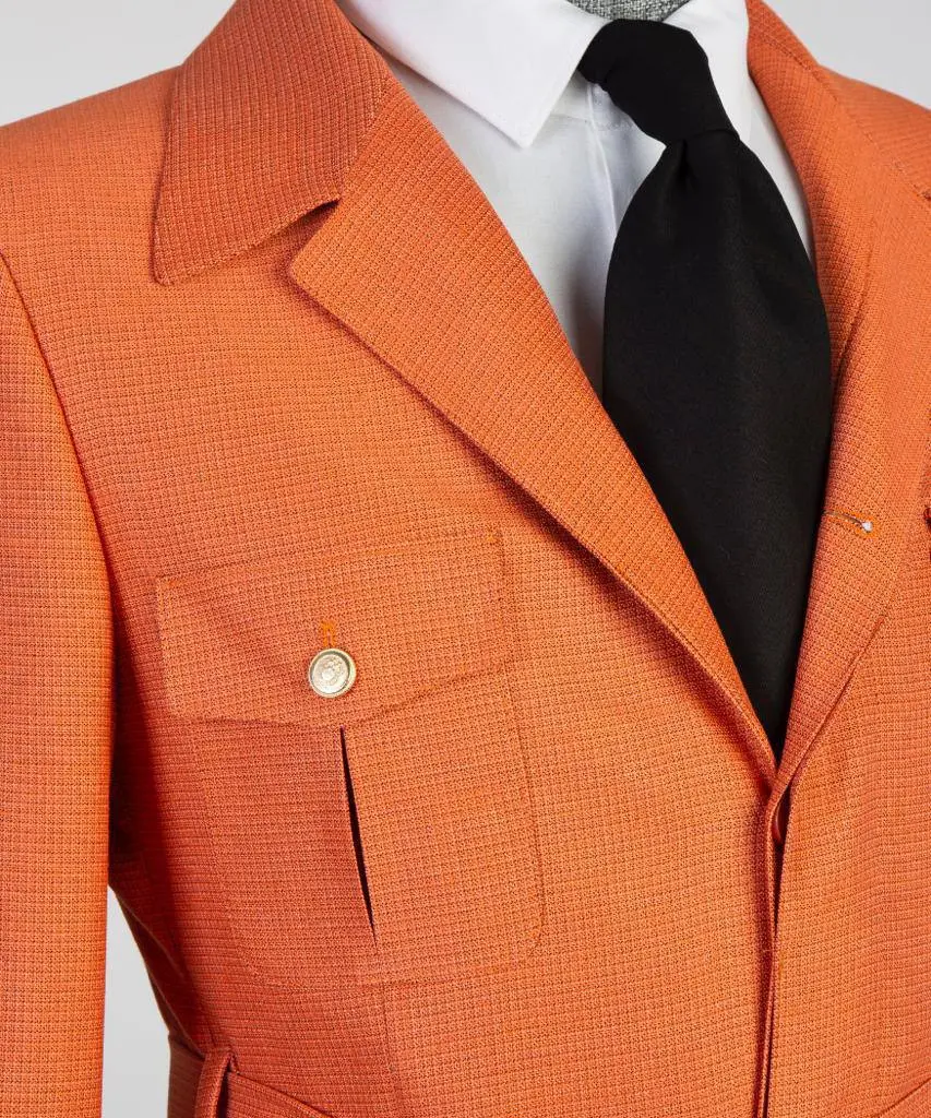 Men's 2 Piece Suit, Orange, Belted Design, Costume, Blazer with Pockets — photograph 4