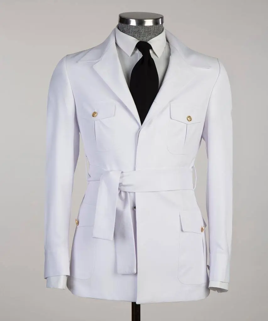 Men's 2 Piece Suit, White, Belted Design, Costume, Blazer with Pockets — photograph 1