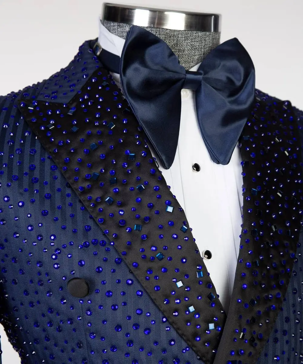 Men's 2 Piece Blue Tuxedo Double Breasted Stoned — photograph 3