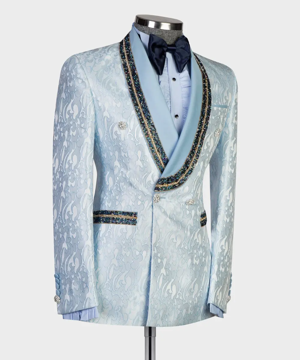 Men's 2 Piece Blue Tuxedo Shiny Jewellery Suit Stoned — photograph 2