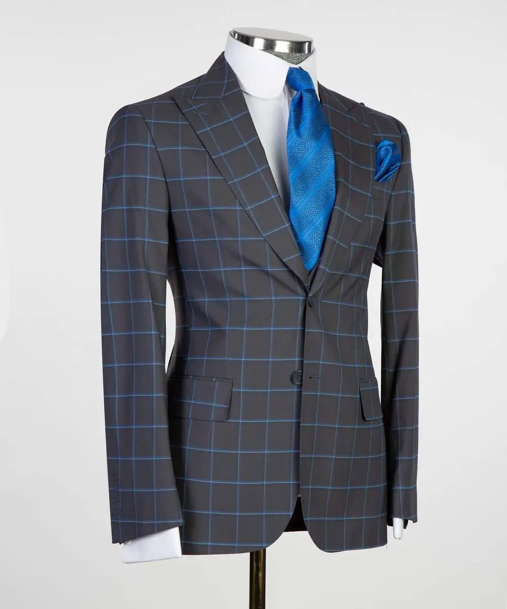 Men's 3 Piece Plaid Single Breasted Grey/Blue Suit — photograph 2