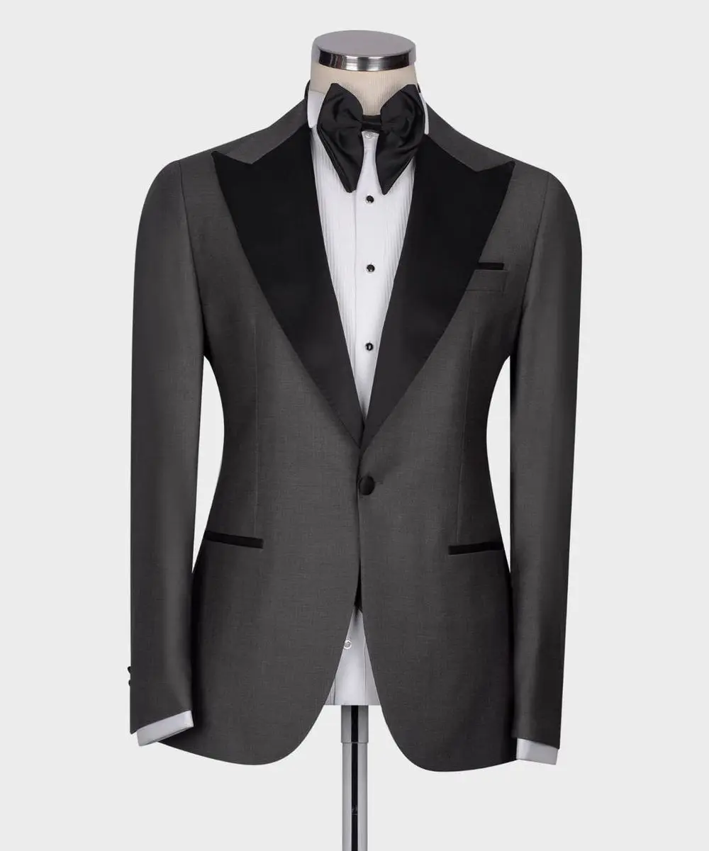 Men's 3 Piece Dark Grey Black Satin Collar Tuxedo — photograph 1