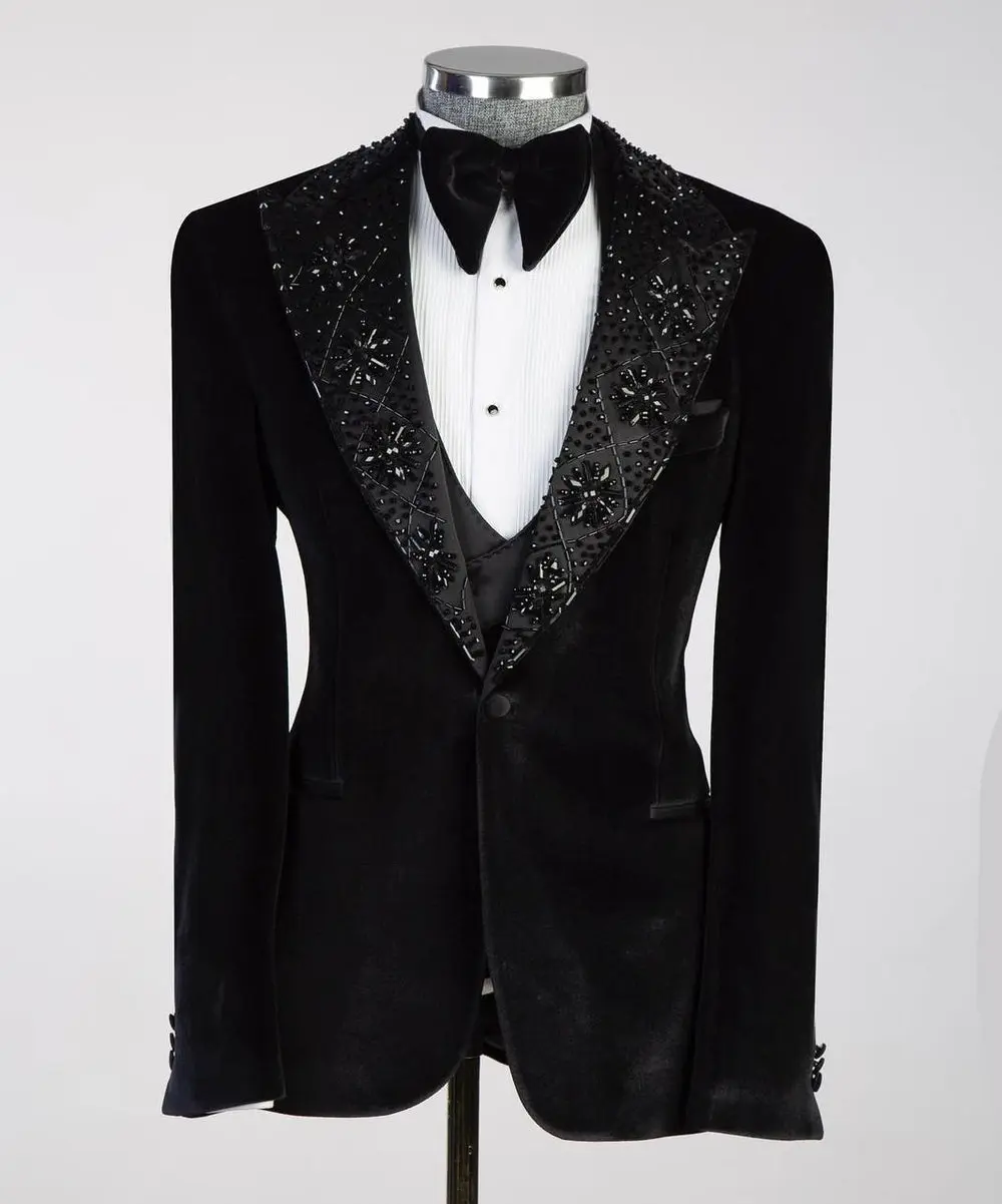 Men's Black Velvet Tuxedo, Gem Stoned on Collar — photograph 1