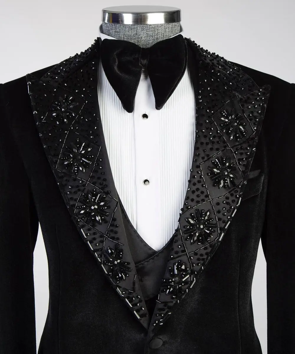 Men's Black Velvet Tuxedo, Gem Stoned on Collar — photograph 4