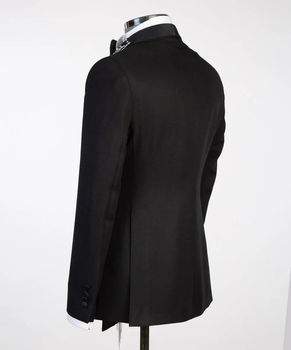 Men's Black Velvet Tuxedo, Gem Stoned on Collar — photograph 5