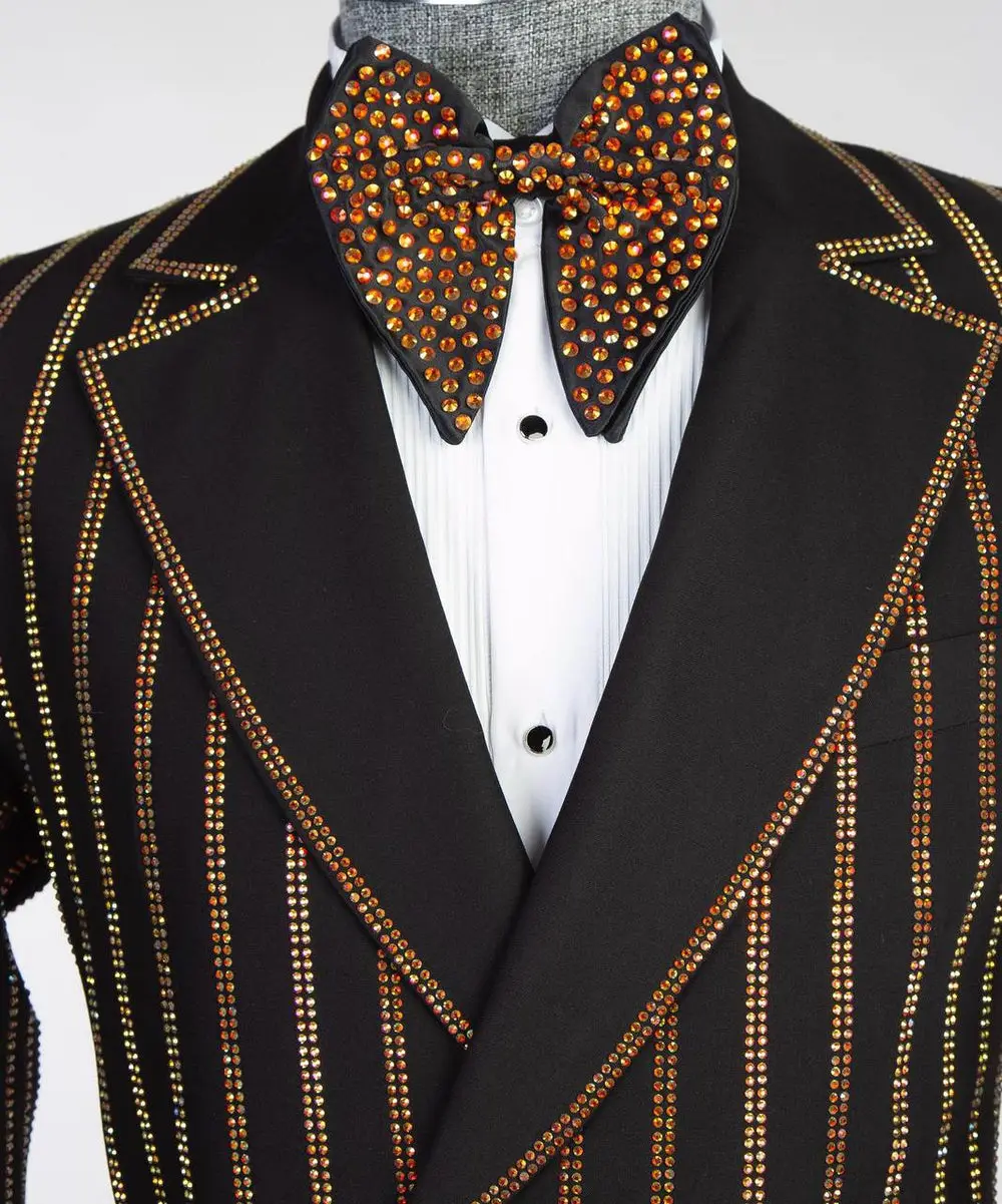 Men's Black Tuxedo, Gold Stripe Stoned Design — photograph 3