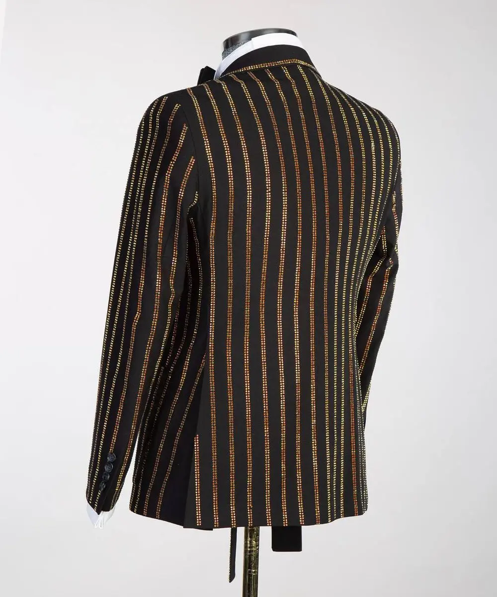 Men's Black Tuxedo, Gold Stripe Stoned Design — photograph 5