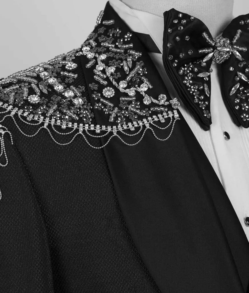 Men's Black Tuxedo, Silver Gem Stoned Design — photograph 2