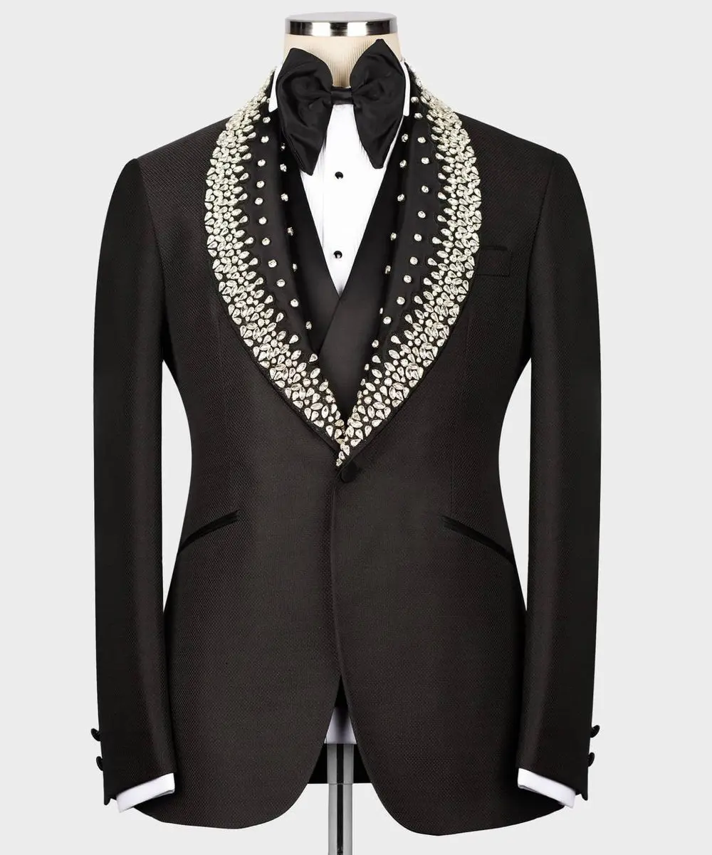 Men's Black Tuxedo, Silver Gem Stoned on Collar — photograph 1