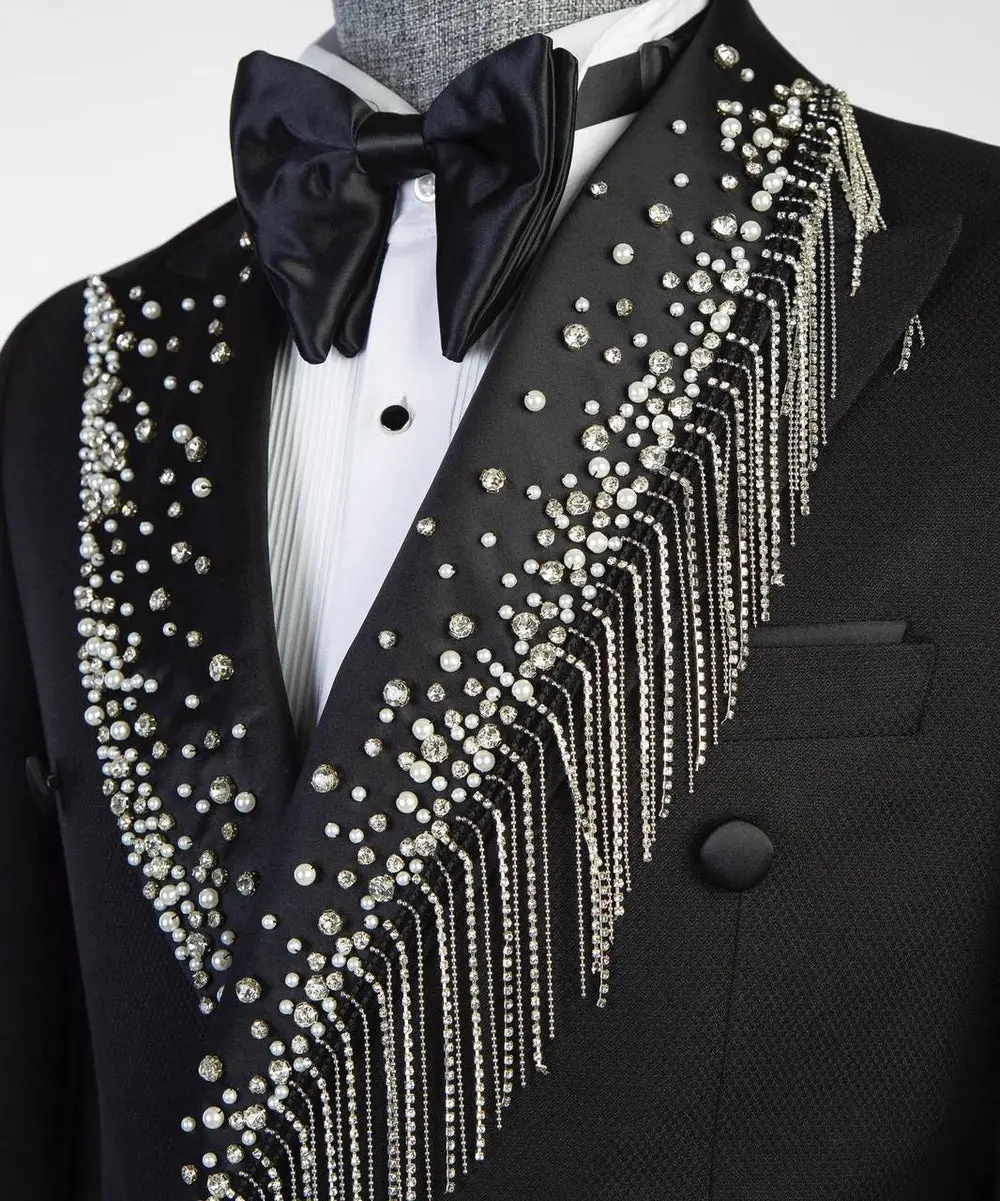 Men's Black Tuxedo, Silver Stoned, Shawl Design — photograph 2