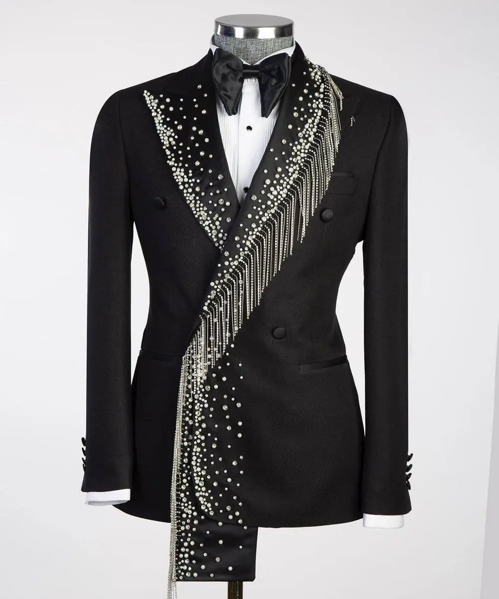 Men's Black Tuxedo, Silver Stoned, Shawl Design — photograph 3