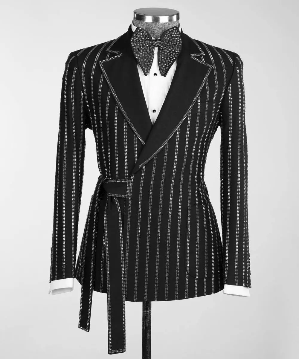 Men's Black Tuxedo, Silver Stripe Stoned Design — photograph 1