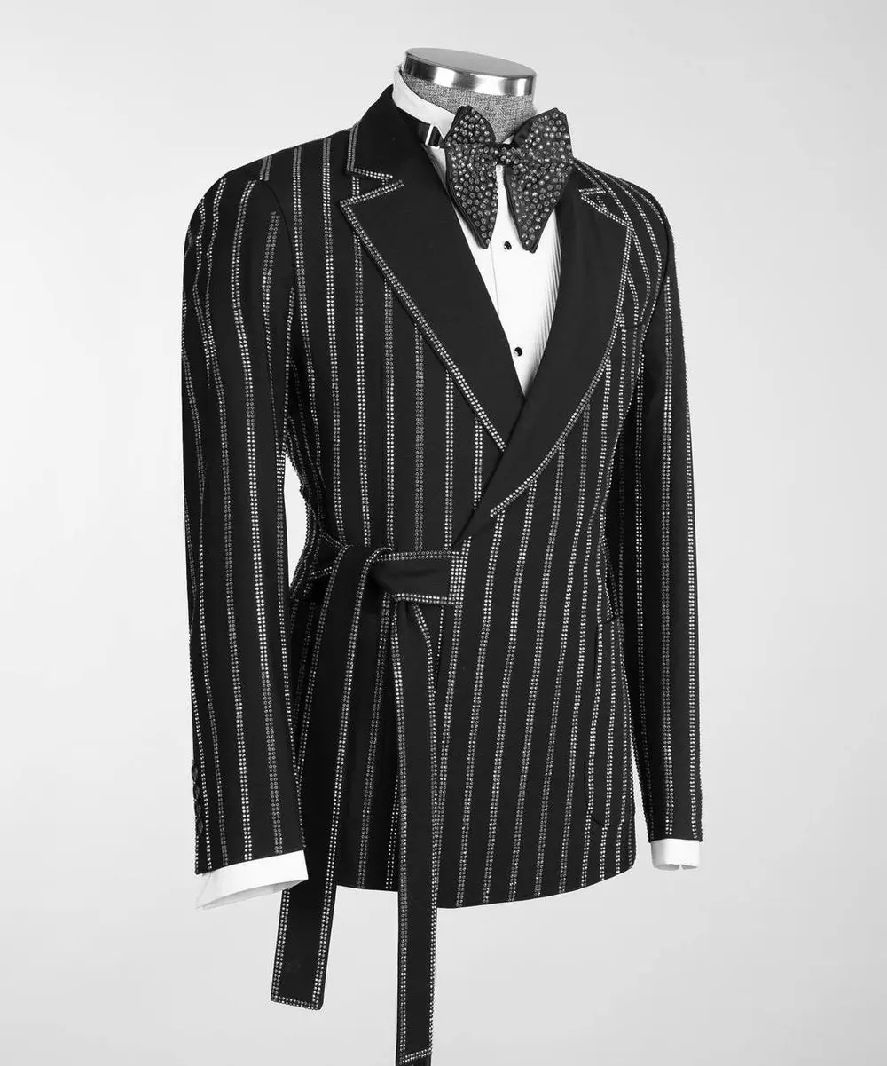 Men's Black Tuxedo, Silver Stripe Stoned Design — photograph 3