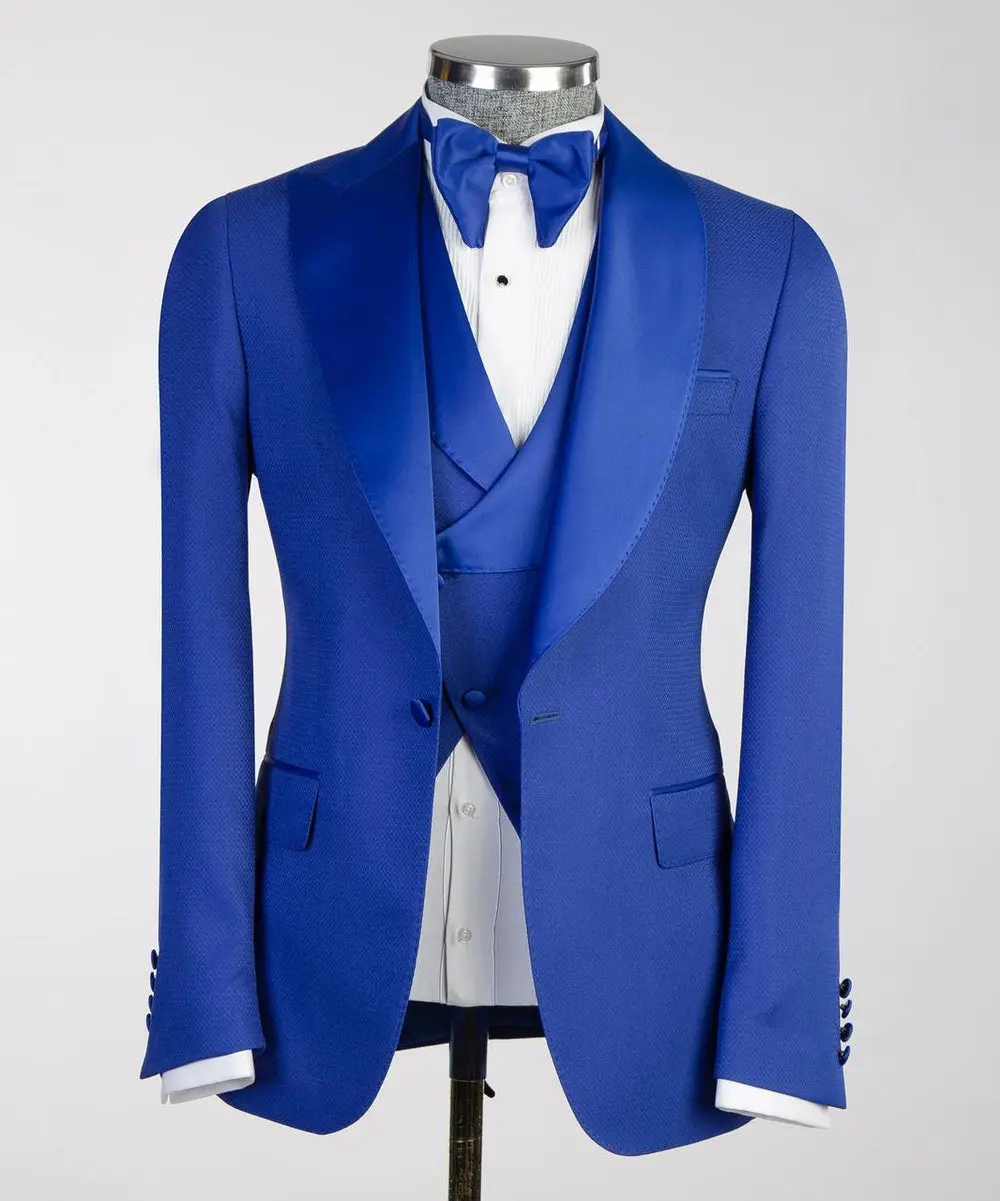 Men's Blue Tuxedo-Asymmetrical Satin Lapel — photograph 1