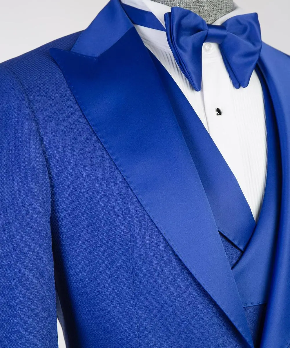 Men's Blue Tuxedo-Asymmetrical Satin Lapel — photograph 2