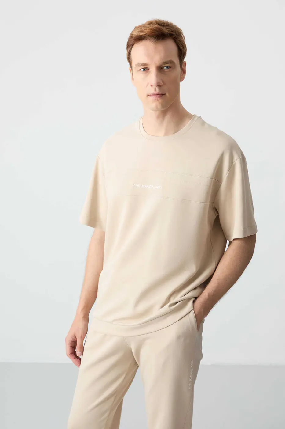 Men's-Cream-Short Sleeve-Tracksuit Set — photograph 2
