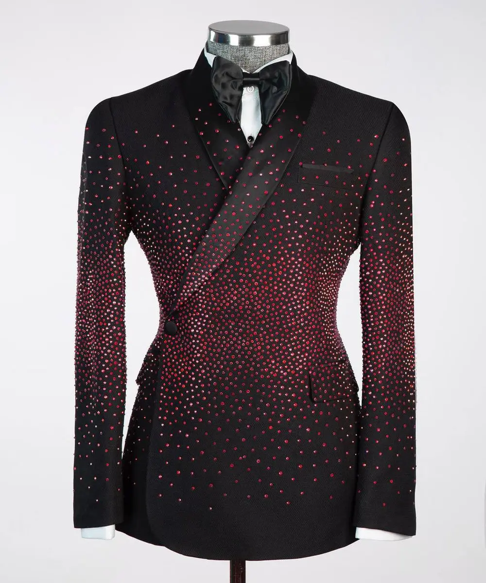 Men's Double Breasted Black Tuxedo, Red Stoned — photograph 1