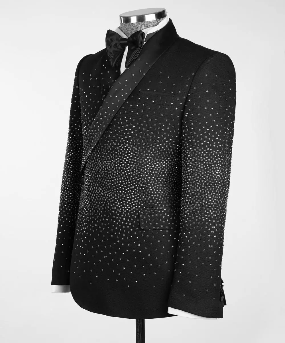 Men's Double Breasted Black Tuxedo, Silver Stoned — photograph 3