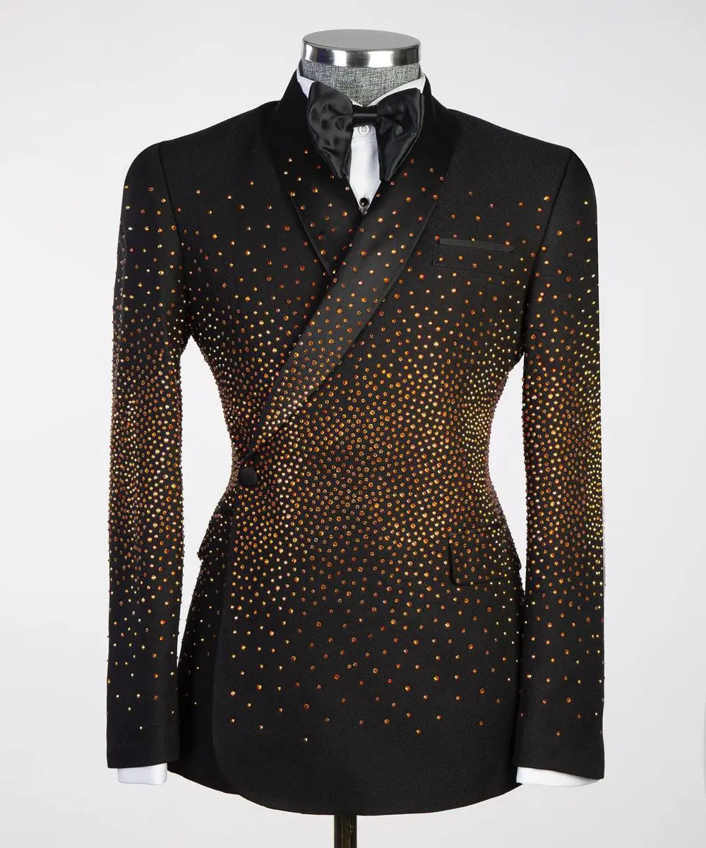 Men's Double Breasted Black Tuxedo, Gold Stoned — photograph 1