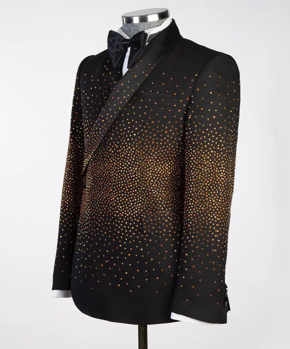 Men's Double Breasted Black Tuxedo, Gold Stoned — photograph 3