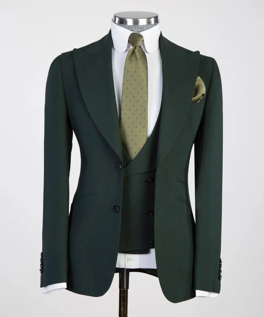 Men's 3 Piece Classic Olive Green Suit — photograph 1