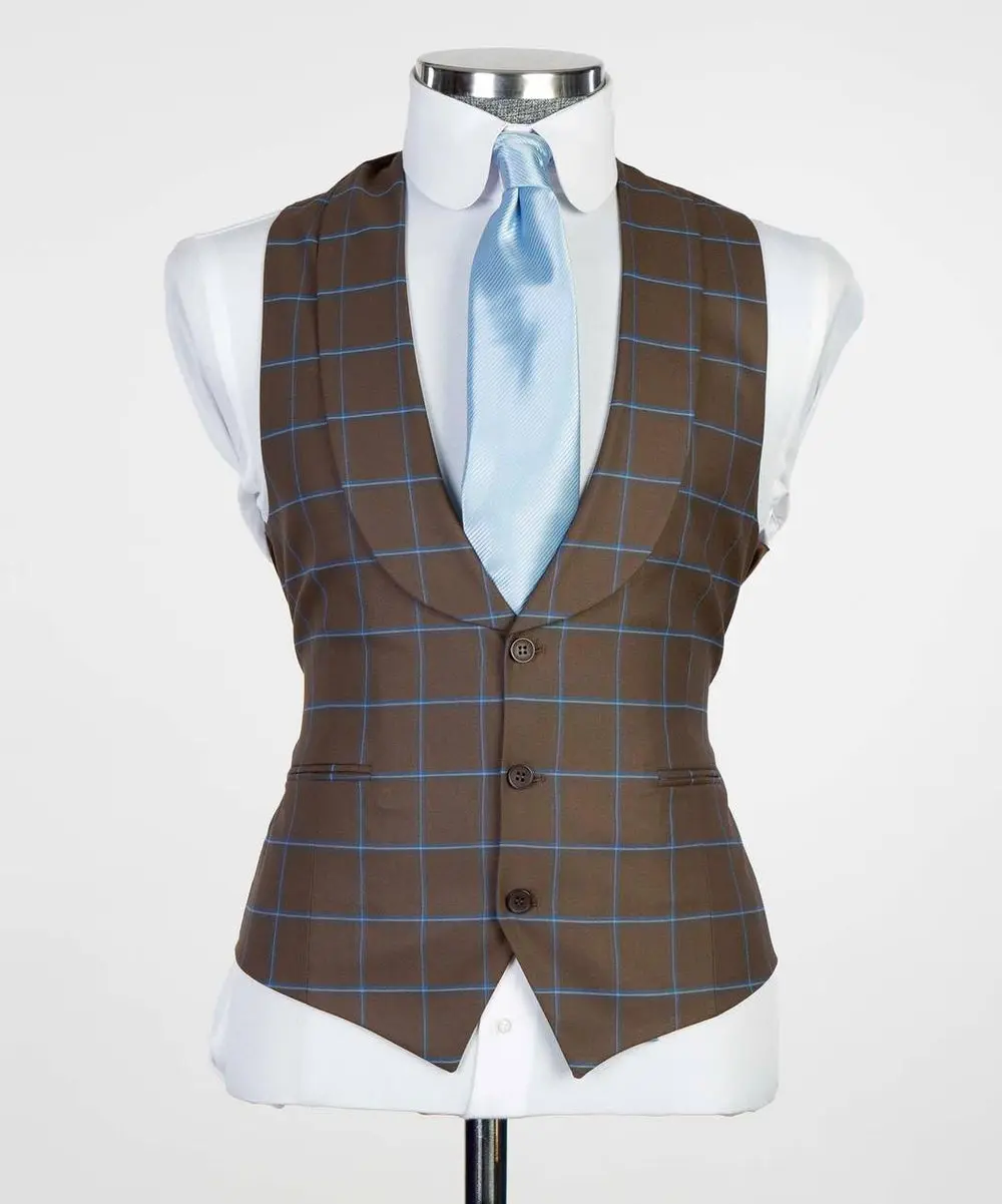 Men's 3 Piece Plaid Single Breasted Brown/Blue Suit — photograph 3