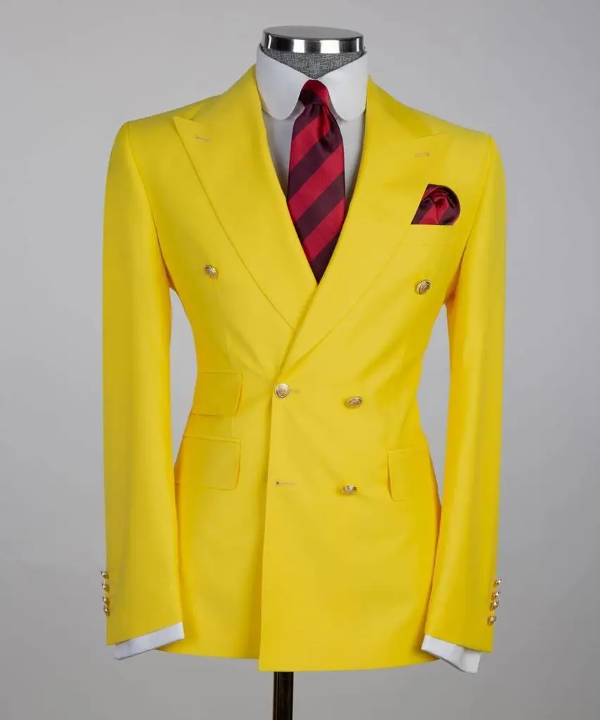 Men's Suit 2 Piece Double Breasted Yellow,Peak Lapel — photograph 1