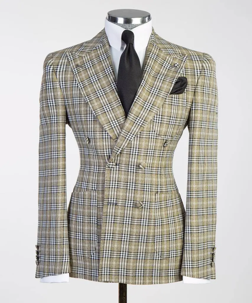 Men's Suit, 2 Piece Plaided Double Breasted Beige — photograph 1