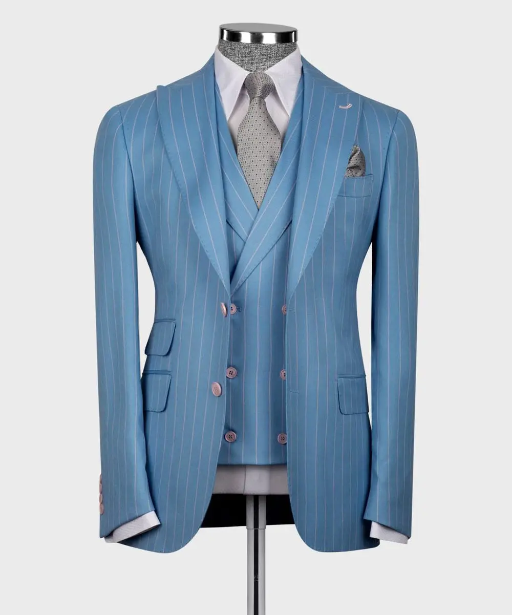 Men's Suit Set, %100 Wool, Striped, Blue — photograph 1
